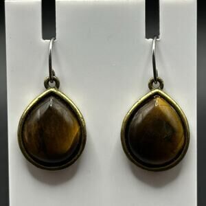 Gold Tone Tigers Eye Drop Earrings Signed Fossil Dangle